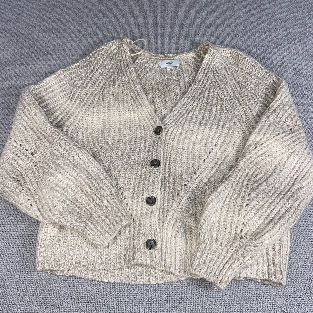 Aerie Button Front Cardigan Sweater Womens Medium Beige Knit V-Neck Long Sleeve